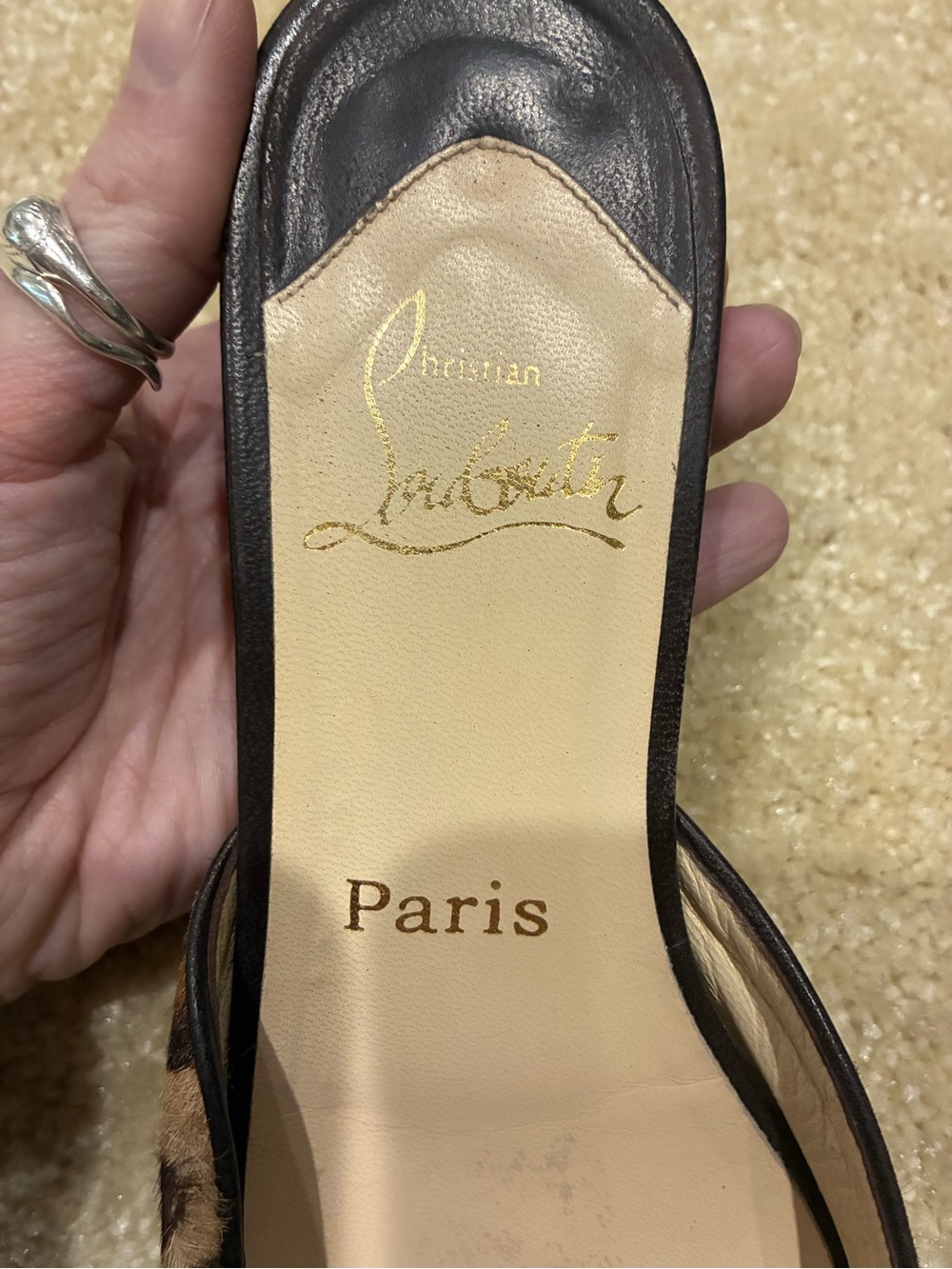 Christian Louboutin Leopard Print Calf Hair Peep-Toe Flat Slides/Mules - Picture 2 of 16